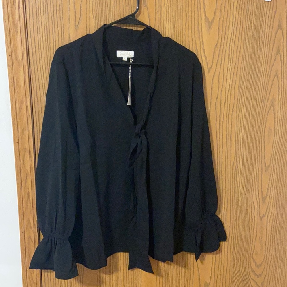 Black Chiffon V-Neck shirt with tie and ruffles